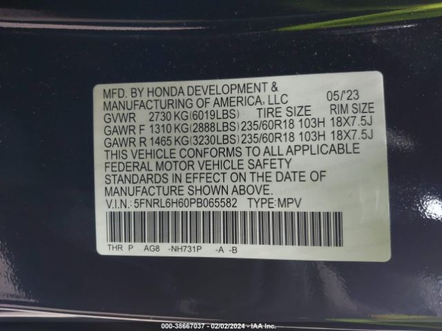 5FNRL6H60PB065582 Honda Odyssey Ex-l