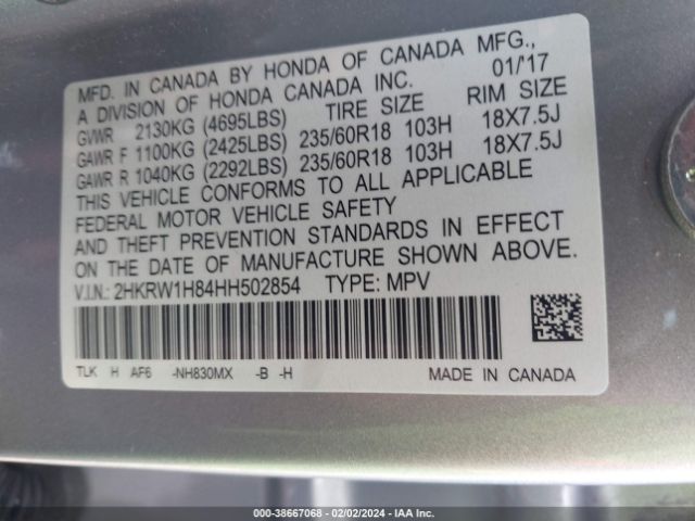 2HKRW1H84HH502854 Honda Cr-v Ex-l/ex-l Navi