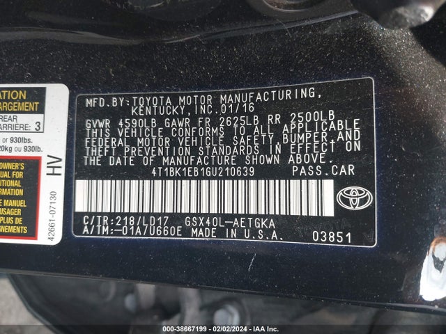 Toyota AVALON XLE 2016 4T1BK1EB1GU210639 Image 9