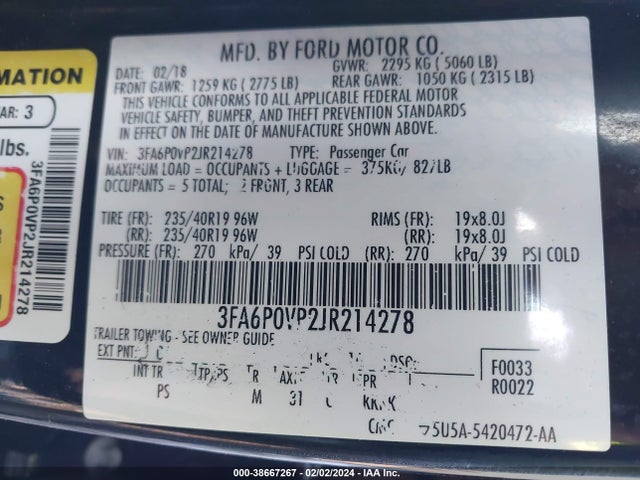 3FA6P0VP2JR214278 Ford Fusion Sport