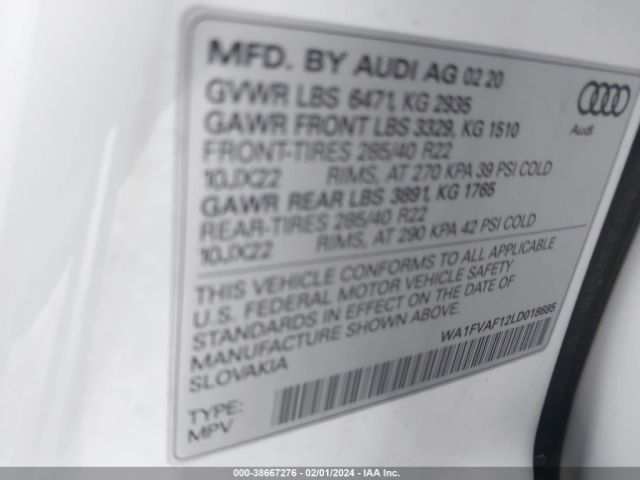 WA1FVAF12LD018685 Audi Q8 Prestige 55 Tfsi Quattro Tiptronic
