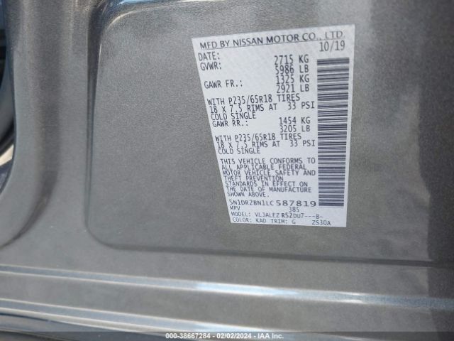 5N1DR2BN1LC587819 Nissan Pathfinder Sv 2wd