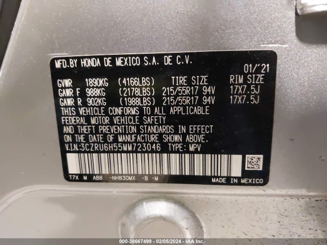 Honda Hr-v Awd Ex 2021 3CZRU6H55MM723046 Image 9