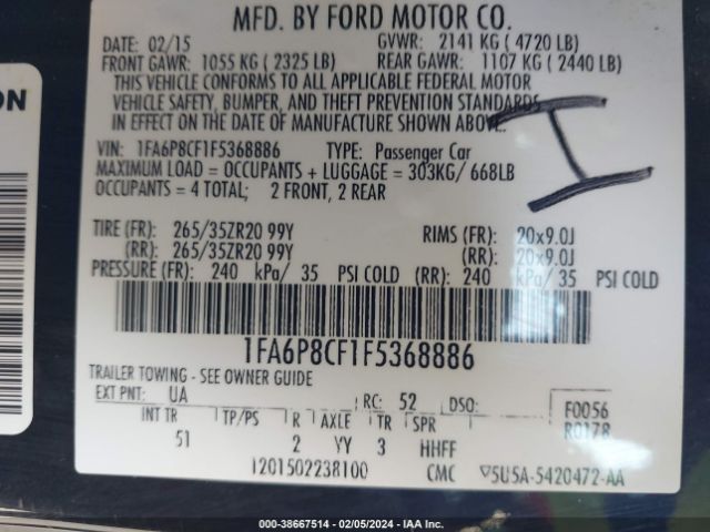 1FA6P8CF1F5368886 Ford Mustang Gt Premium