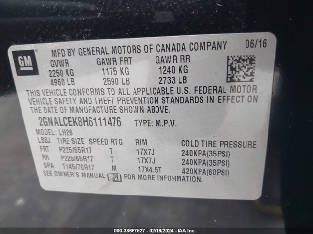 Chevrolet EQUINOX LT 2017 2GNALCEK8H6111476 Image 9