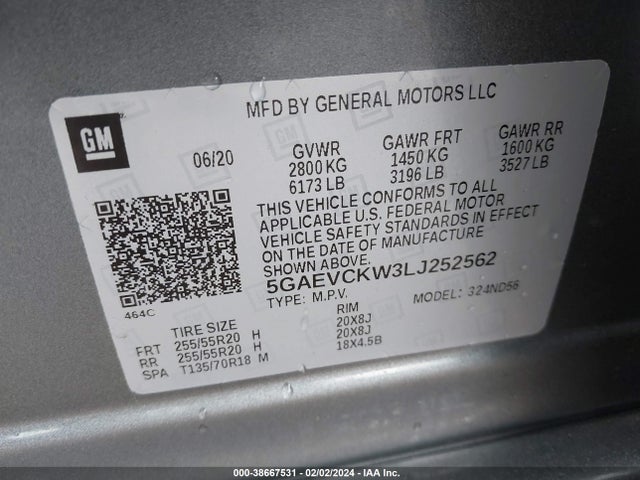 2020 BUICK ENCLAVE AWD AVENIR VIN: 5GAEVCKW3LJ252562