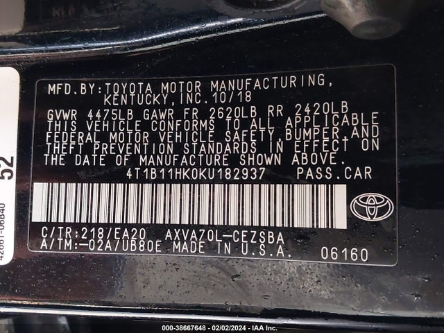 Toyota Camry 2019 4T1B11HK0KU182937 Image 22