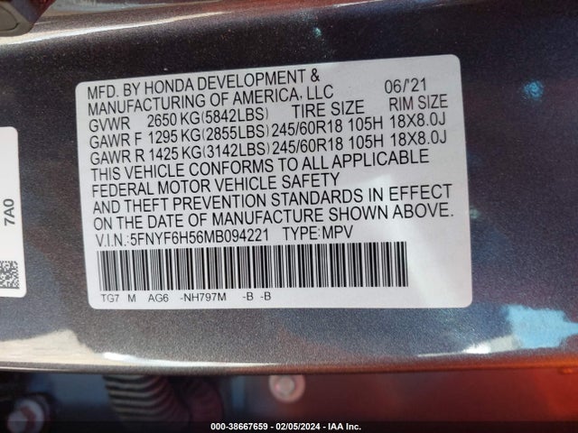 Honda Pilot Awd Ex-l 2021 5FNYF6H56MB094221 Image 9