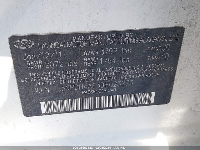 2011 HYUNDAI ELANTRA GLS VIN: 5NPDH4AE3BH023273