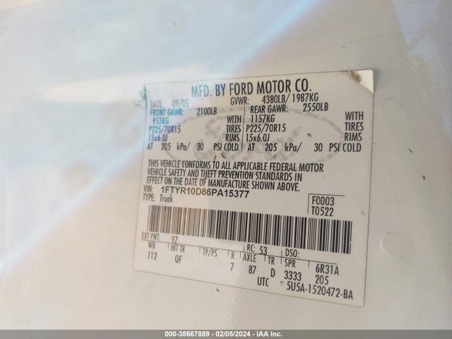 2006 FORD RANGER VIN: 1FTYR10D86PA15377