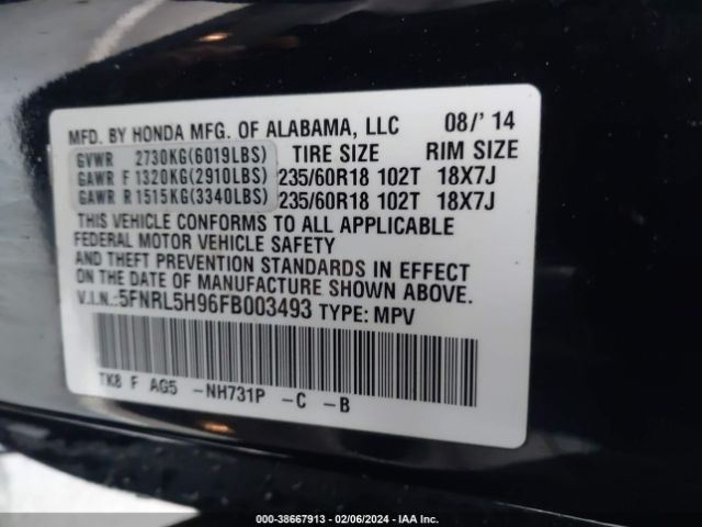 5FNRL5H96FB003493 Honda Odyssey Touring/touring Elite