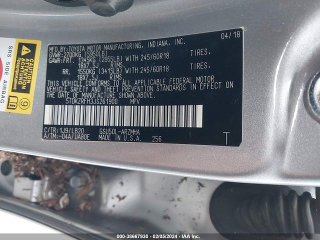 Toyota Highlander Xle 2018 5TDKZRFH3JS261900 Image 9