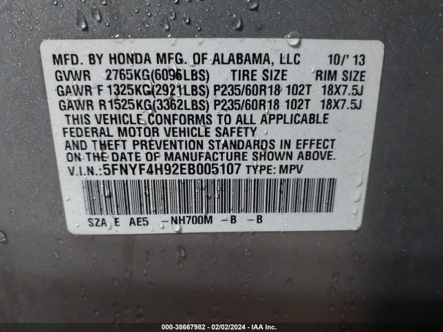 Honda Pilot Touring 2014 5FNYF4H92EB005107 Image 9