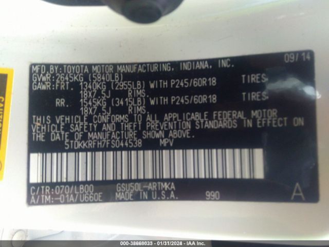 5TDKKRFH7FS044538 Toyota Highlander Xle V6