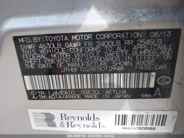 38668140 :رقم المزاد ، JTHBF1D2XE5012948 vin ، 2014 Lexus Is 250 مزاد بيع