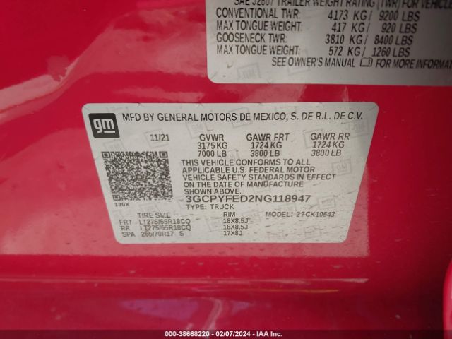 3GCPYFED2NG118947 Chevrolet Silverado 1500 Ltd 4wd  Short Bed Lt Trail Boss