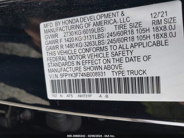 Honda Ridgeline Rtl-e 2022 5FPYK3F74NB008931 Image 9