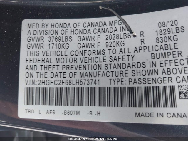 Honda Civic Lx 2020 2HGFC2F68LH573741 Image 9
