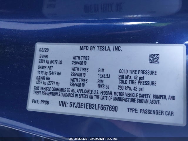 5YJ3E1EB2LF667690 Tesla Model 3 Long Range Dual Motor All-wheel Drive