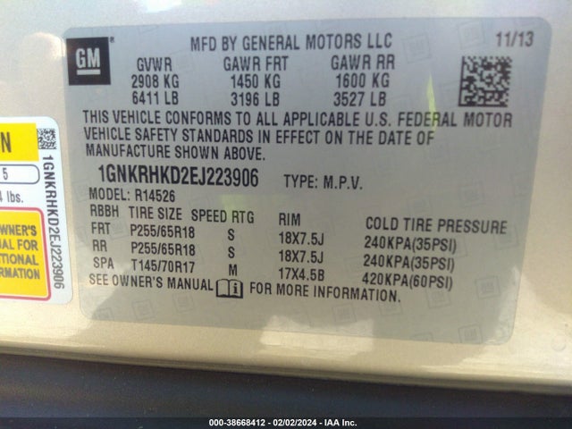 Chevrolet Traverse 2lt 2014 1GNKRHKD2EJ223906 Image 9