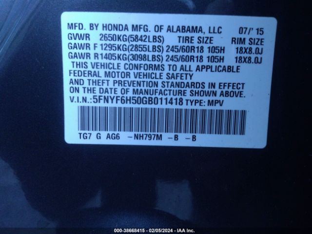 5FNYF6H50GB011418 Honda Pilot Ex-l