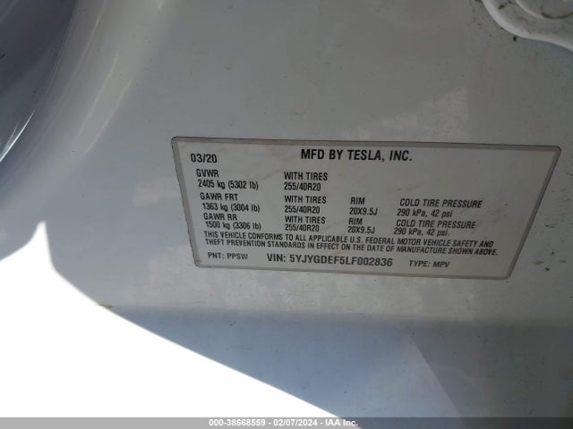 5YJYGDEF5LF002836 Tesla Model Y Long Range Dual Motor All-wheel Drive/performance Dual Motor All-wheel Drive