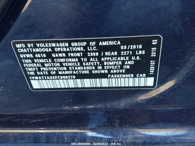 Volkswagen Passat 1.8t S 2015 1VWAT7A3XFC085270 Image 9