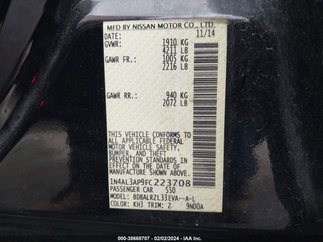 Nissan Altima 2.5 Sl 2015 1N4AL3AP9FC223708 Image 9