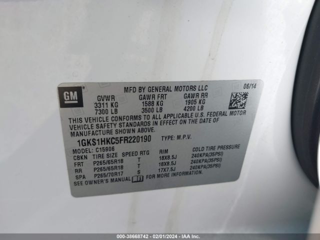 1GKS1HKC5FR220190 GMC Yukon Xl 1500 Slt