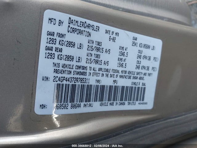 2002 CHRYSLER TOWN & COUNTRY LX VIN: 2C4GP44372R785311