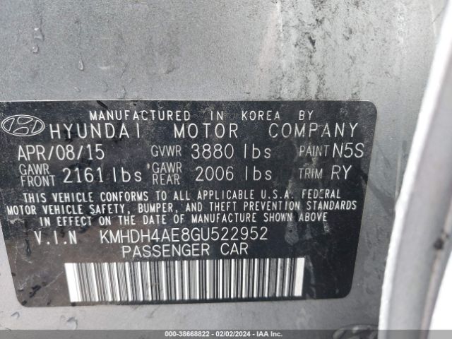 KMHDH4AE8GU522952 Hyundai Elantra Limited