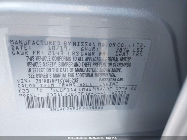 Nissan SENTRA SV 2019 3N1AB7AP1KY445233 Image 9