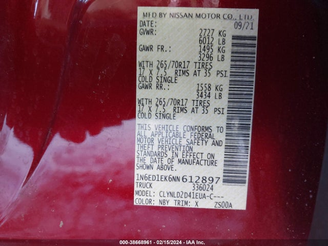 Nissan Frontier Pro-4x 4x4 2022 1N6ED1EK6NN612897 Image 9