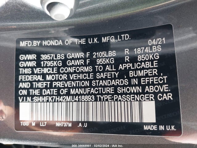 Honda l15ba 2021 SHHFK7H42MU418893 Image 26