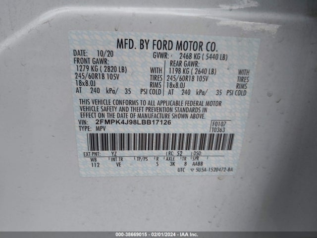 2020 FORD EDGE SEL VIN: 2FMPK4J98LBB17126