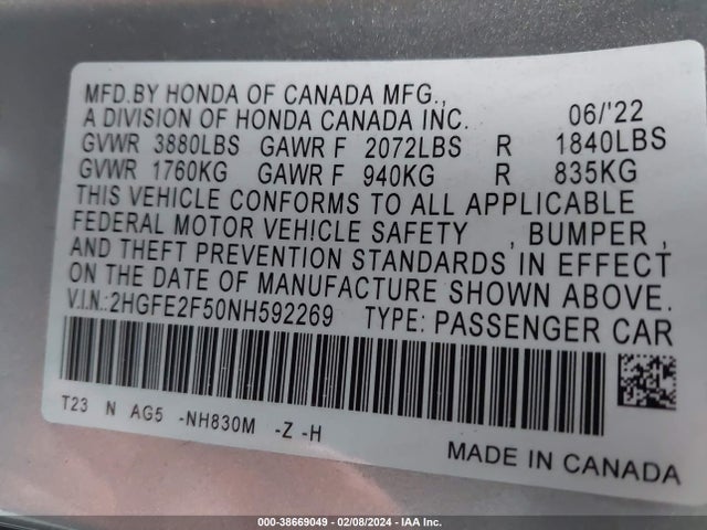 Honda Civic Sport 2022 2HGFE2F50NH592269 Image 9