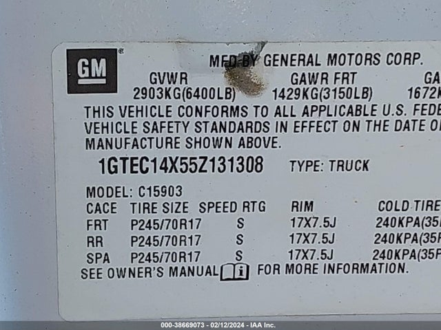 2005 GMC SIERRA 1500 WORK TRUCK VIN: 1GTEC14X55Z131308