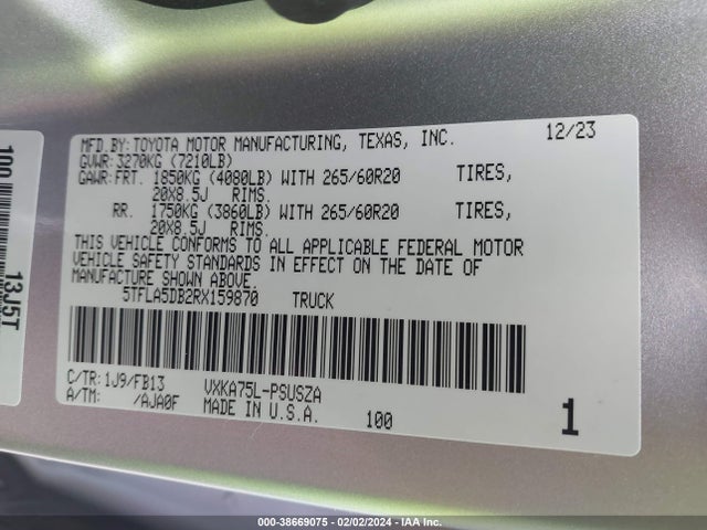 Toyota Tundra Sr5 2024 5TFLA5DB2RX159870 Image 9