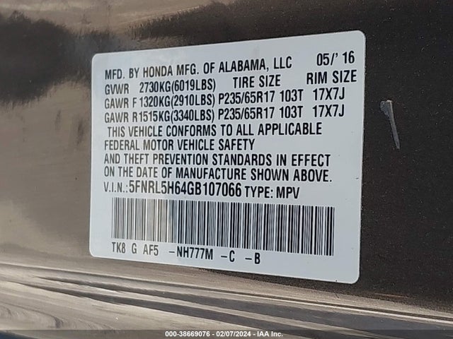 Honda Odyssey Ex-l 2016 5FNRL5H64GB107066 Image 9