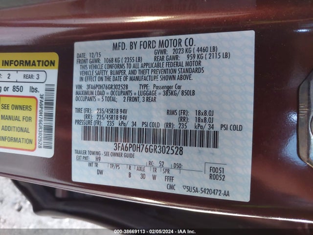 2016 FORD FUSION SE VIN: 3FA6P0H76GR302528