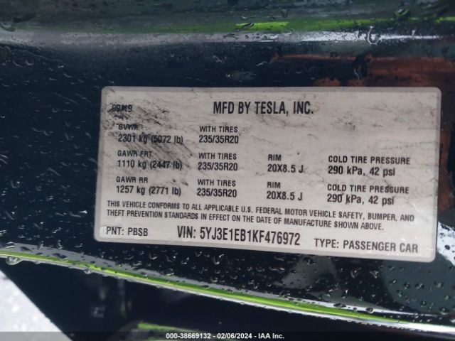 5YJ3E1EB1KF476972 Tesla Model 3 Long Range/performance