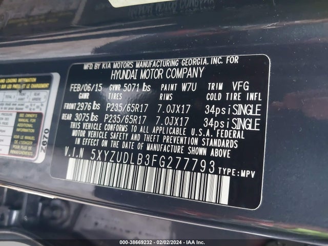 2015 HYUNDAI SANTA FE SPORT 2.4L VIN: 5XYZUDLB3FG277793