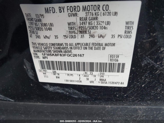 Ford Explorer Limited 2015 1FM5K8F83FGC26167 Image 9