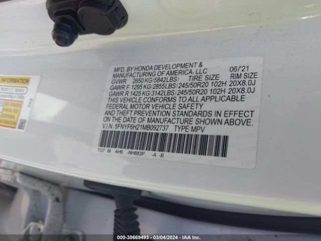 5FNYF6H21MB092737 Honda Pilot Awd Special Edition