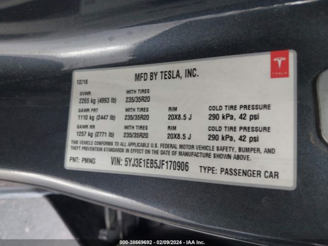 5YJ3E1EB5JF170906 Tesla Model 3 Long Range/performance
