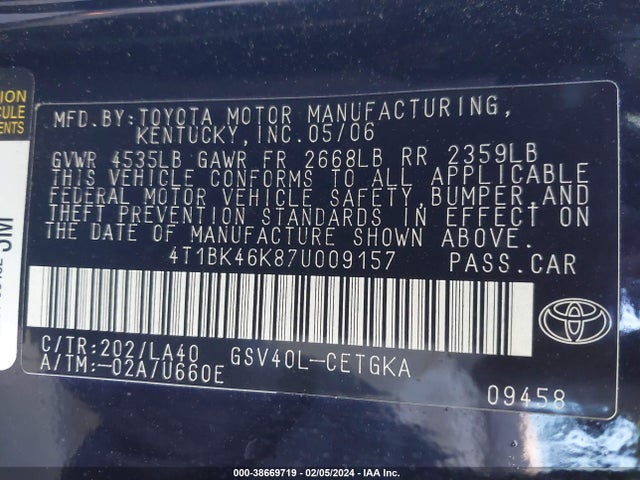 2007 TOYOTA CAMRY XLE V6 VIN: 4T1BK46K87U009157