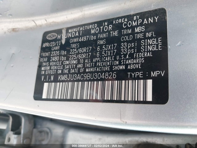 2011 HYUNDAI TUCSON GLS VIN: KM8JU3AC9BU304826