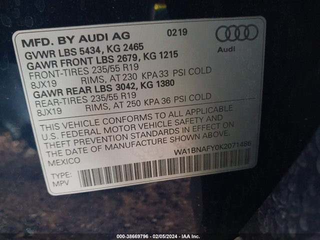 WA1BNAFY0K2071486 Audi Q5 45 Premium