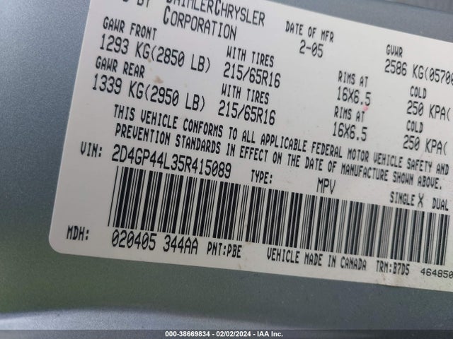 2005 DODGE GRAND CARAVAN SXT VIN: 2D4GP44L35R415089