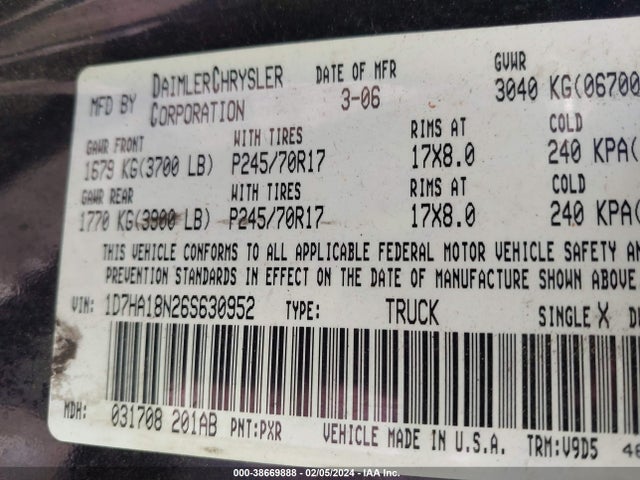 Aukcja sprzedaży 2006 Dodge Ram 1500 Slt, vin: 1D7HA18N26S630952, numer aukcji: 38669888